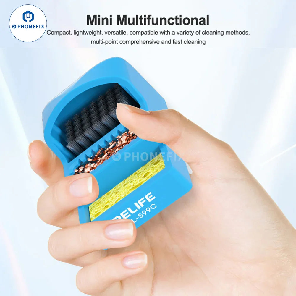 RL-599C soldering tip cleaner with steel brush, sponge, and copper wire for electronic repair and maintenance.