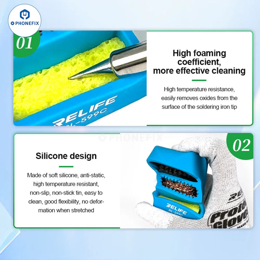 RL-599C soldering tip cleaner with steel brush, sponge, and copper wire for electronics repair and maintenance.
