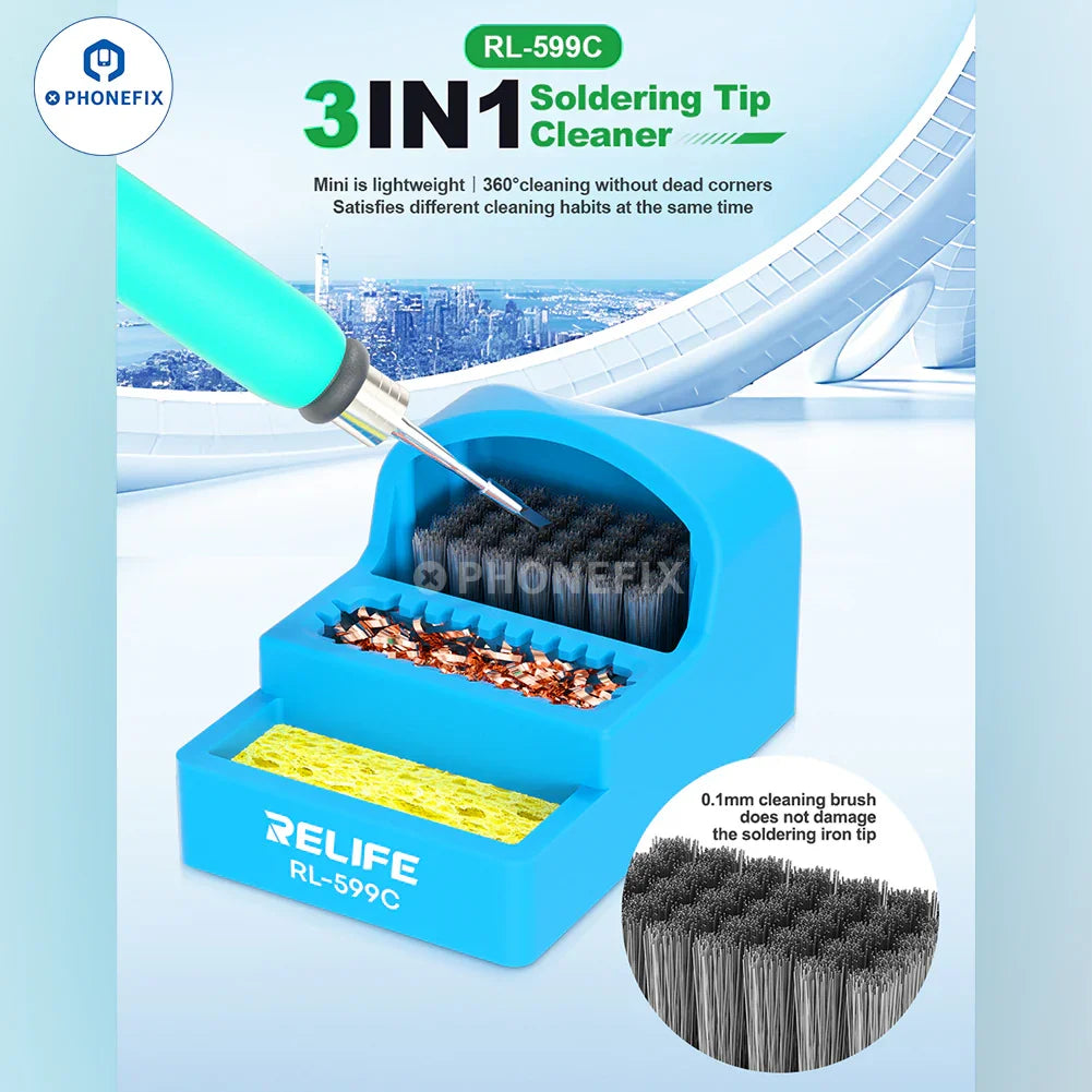 RL-599C Soldering Tip Cleaner with steel brush sponge and copper wire, PHONEFIX consumables for soldering iron maintenance.