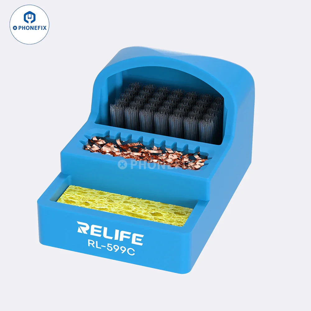 RL-599C soldering tip cleaner with steel brush, sponge, and copper wire for phone repair, designed for precise soldering maintenance.