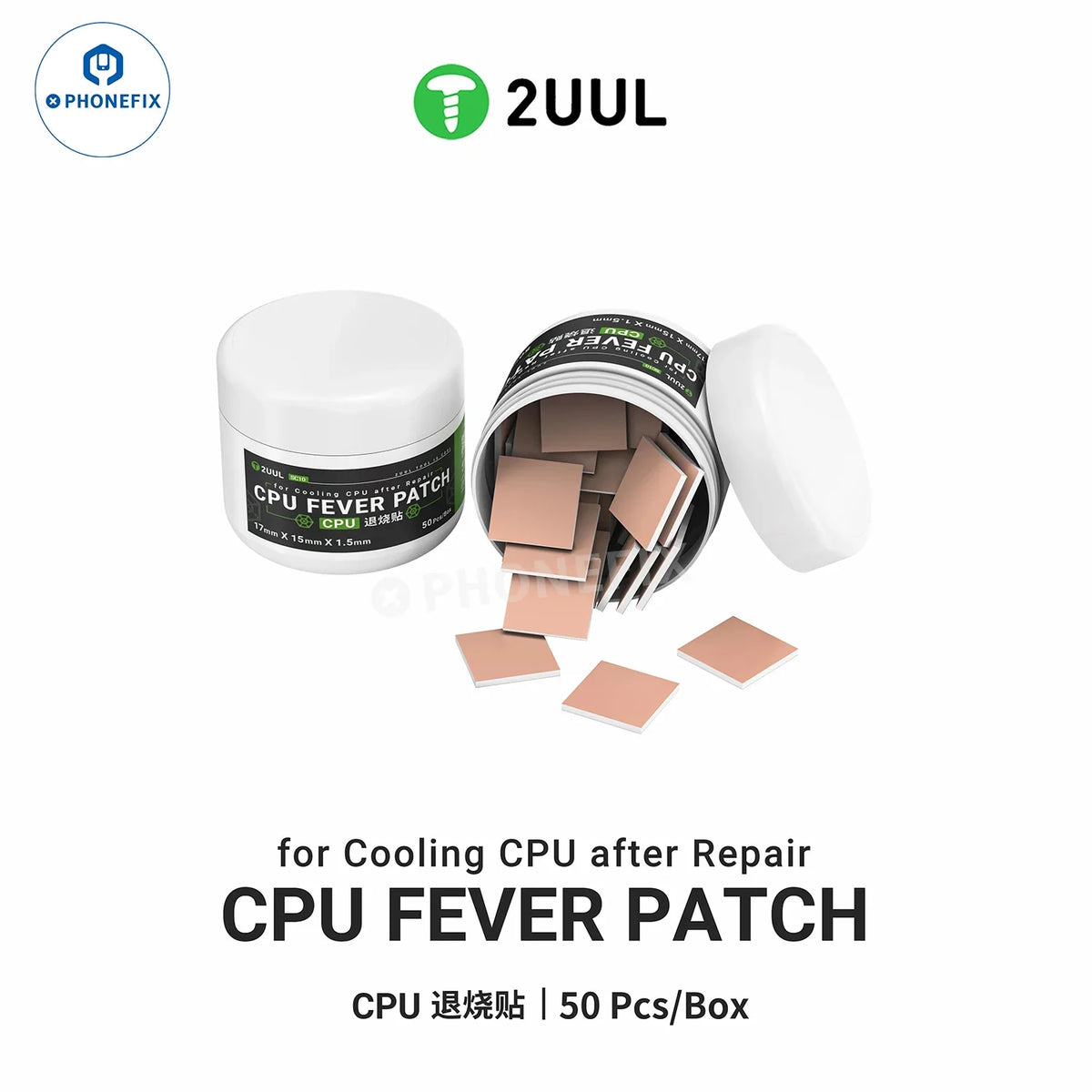 Phonefix 2UUL CPU Fever Patch thermal paste and copper sheet for IC cooling, used as consumables in electronic device maintenance.