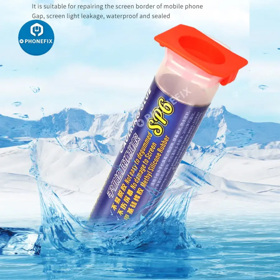 Mechanic 30ml Caulking Glue Liquid Adhesive for curved phone screen repair by PHONEFIX, shown in a repair setting.
