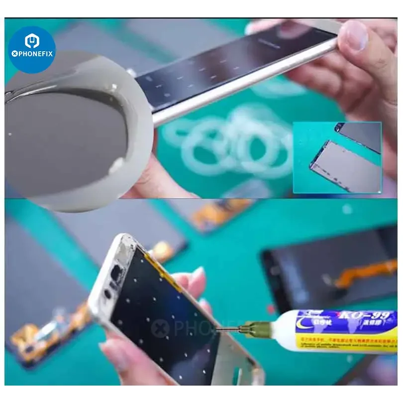PhoneFix 30ml liquid caulking glue for curved screen repair, designed for precise adhesion of mobile device screens.