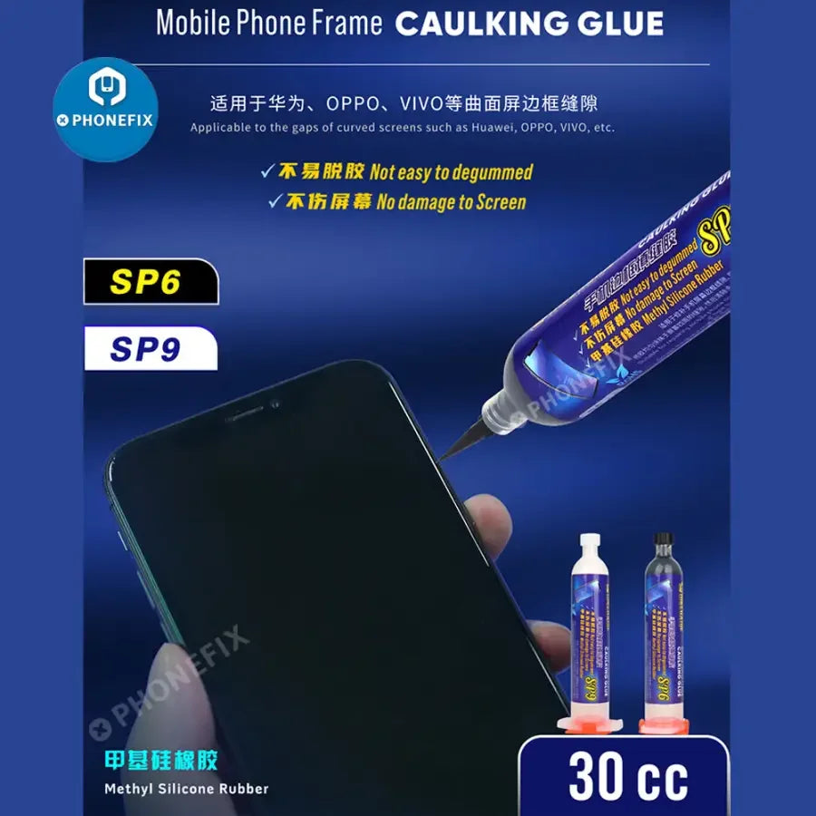 PhoneFix mechanic 30ml liquid caulking glue for curved screen repair, showing the adhesive applicator and repair process.