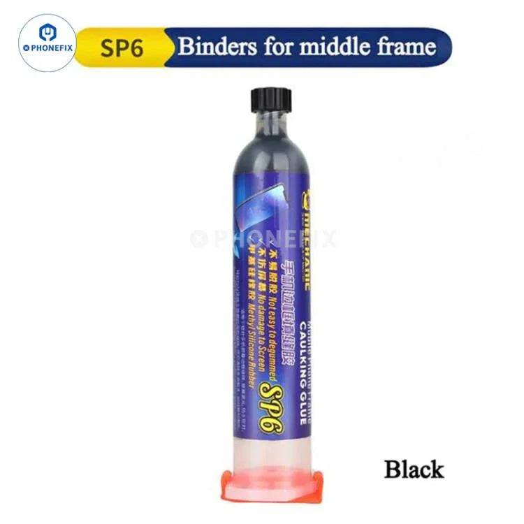 Colle liquide adhésive noire 30 ml pour cadre central d'écran LCD de téléphone, de la marque PHONEFIX, utilisée pour la réparation et l'assemblage.