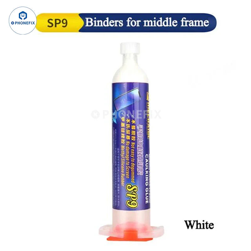 Colle liquide adhésive blanche 30 ml pour cadre central d'écran LCD de PHONEFIX, pour la réparation et la fixation des écrans d'appareils mobiles.