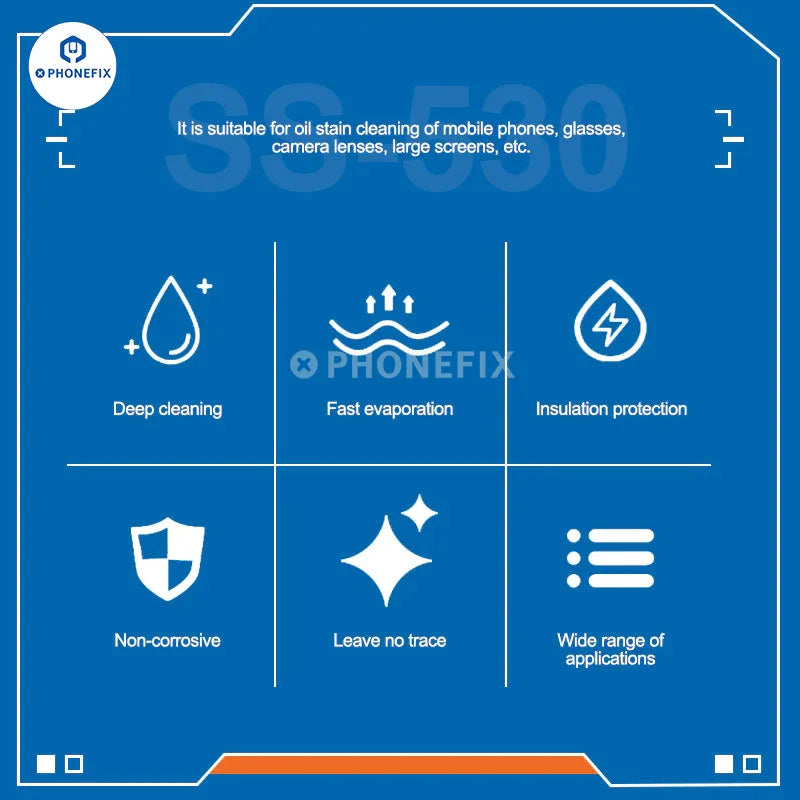Spray nettoyant pour contacts électroniques Phonefix Mechanic 530, pour un nettoyage de précision des composants et contacts électroniques.