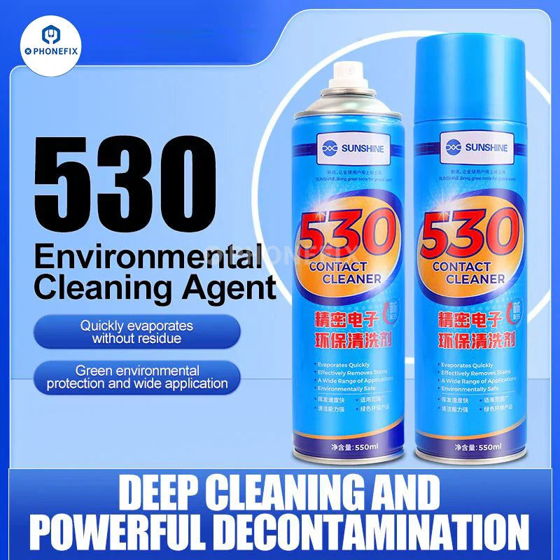 Spray nettoyant PHONEFIX Mechanic 530 pour le nettoyage précis des contacts électroniques, présenté dans un flacon pulvérisateur avec étiquette.