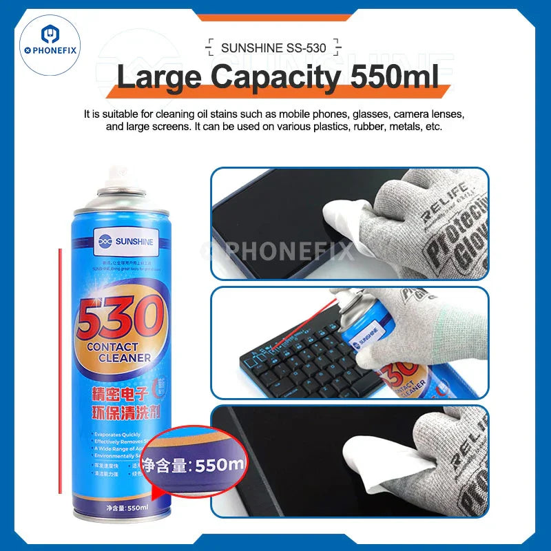 PHONEFIX Mechanic 530 Nettoyant pour contacts électroniques en aérosol, conçu pour le nettoyage précis des contacts électroniques.