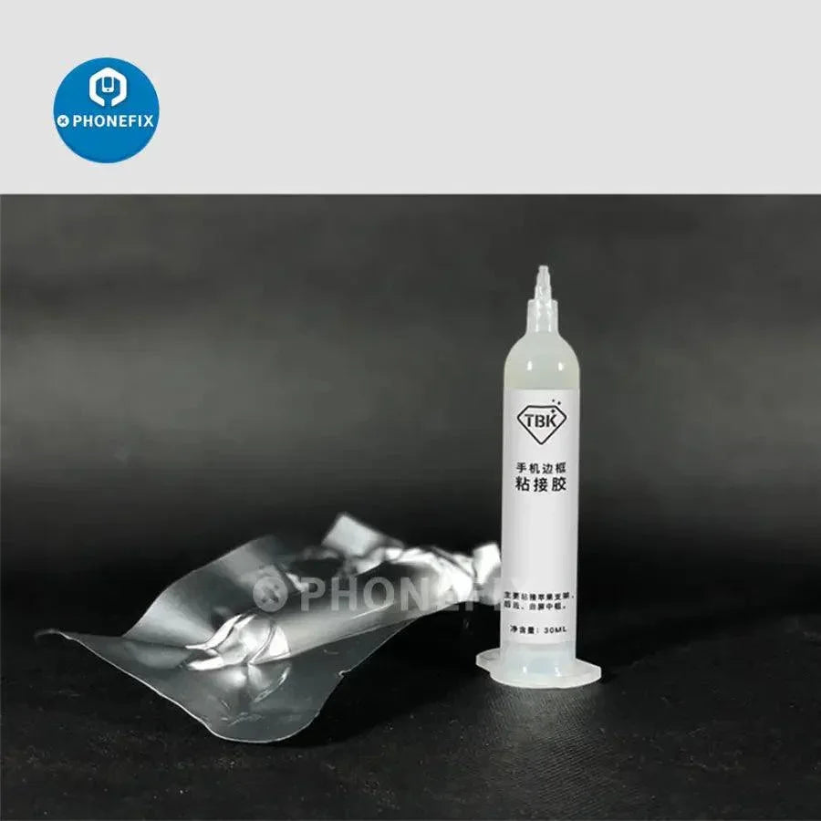 Black 30ml Liquid Structure Glue by PHONEFIX for iPhone frame, LCD screen, and back cover assembly repair.