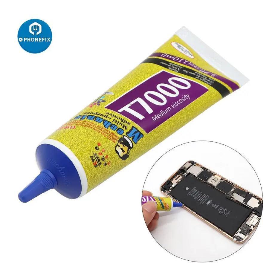 Mechanic T7000 Super Adhesive Screen Liquid Glue for phone repair, showing the transparent liquid in a small container with applicator.