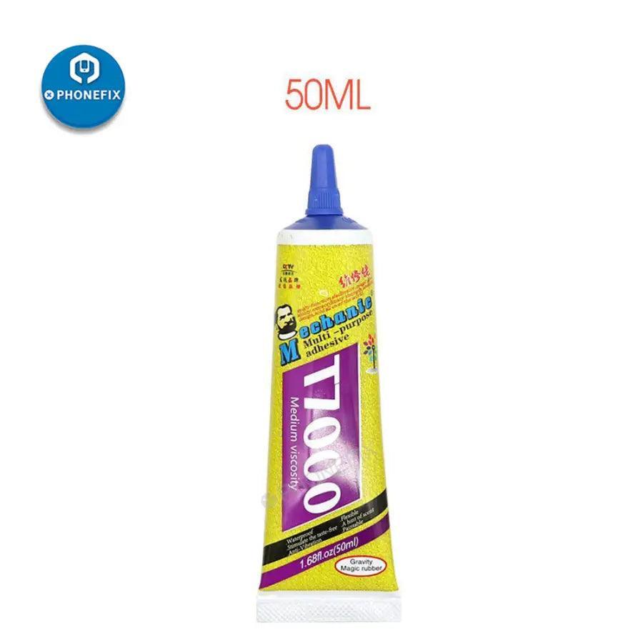 PhoneFix T7000 Super Adhesive Screen Liquid Glue for phone repair, shown in a clear bottle with applicator tip.