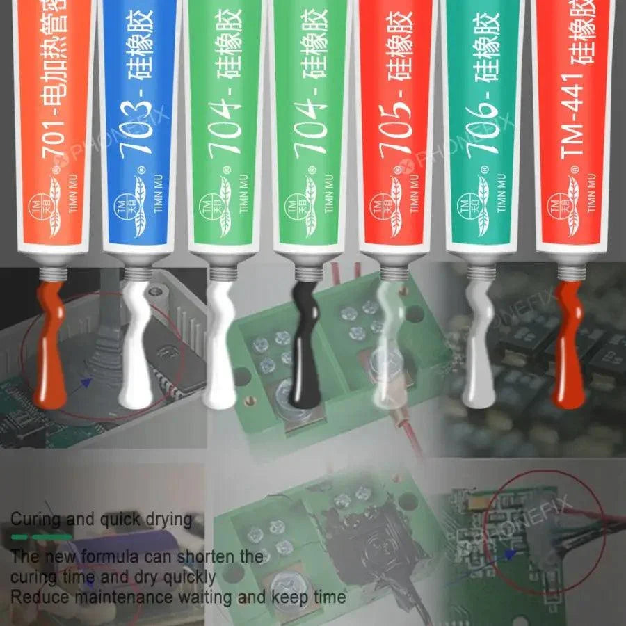 Electronic industrial silicone rubber sealing glue and sealant from PHONEFIX, used for durable sealing and adhesive applications.