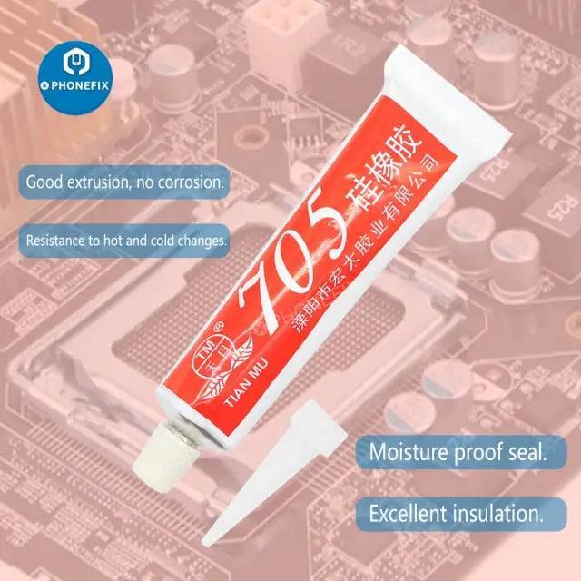 Red silicone rubber sealing glue and sealant by PHONEFIX for electronic industrial repairs and sealing applications.