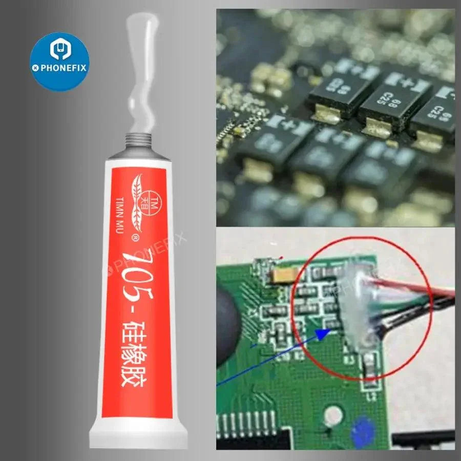 Red electronic industrial silicone rubber sealing glue, PhoneFix consumables, used for sealing and adhesive applications in electronics.
