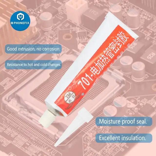 Red electronic industrial silicone rubber sealing glue and adhesive by PHONEFIX, ideal for sealing and insulation in electronic repairs.