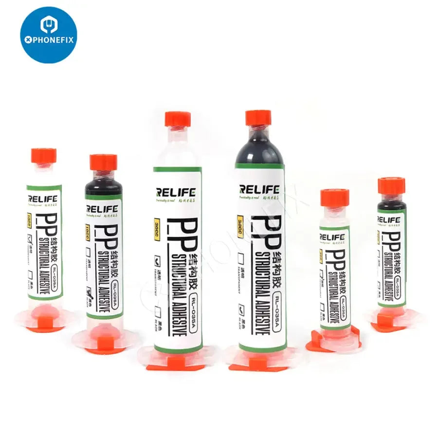 PhoneFix RELIFE RL-035A PP structural adhesive in 10cc and 30cc containers, clear, used for phone repair and bonding.