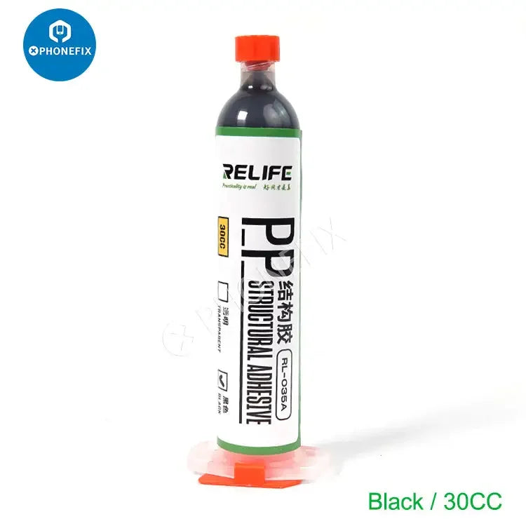 Transparent RELIFE RL-035A PP structural adhesive in 10cc and 30cc bottles, designed for phone repair and durable bonding.