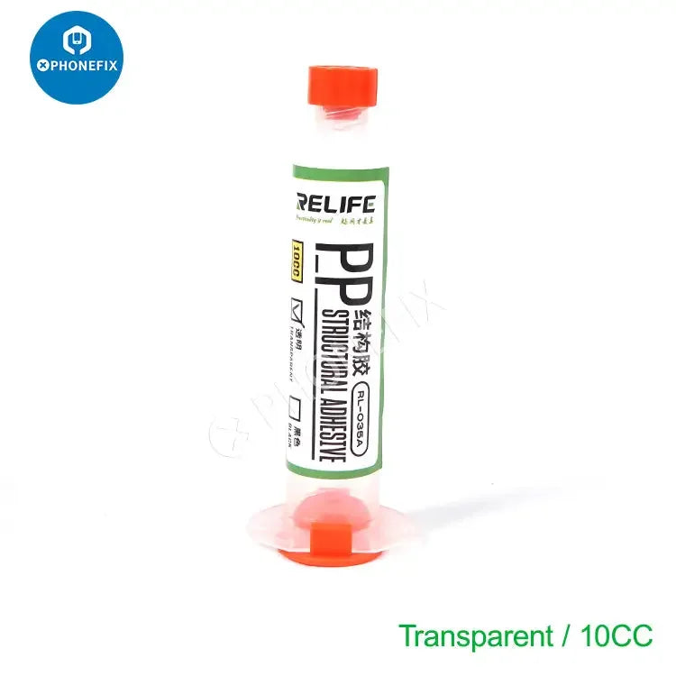 PhoneFix RELIFE RL-035A PP Structural Adhesive in 10cc and 30cc containers, transparent, ideal for phone repair and bonding.