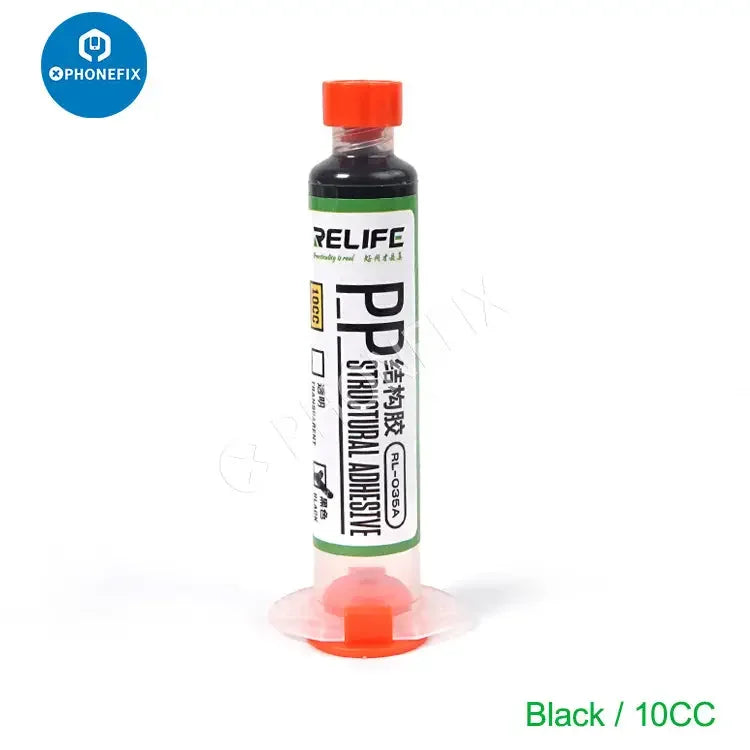 PhoneFix RELIFE RL-035A PP structural adhesive in 10cc and 30cc containers, transparent and suitable for phone repairs.