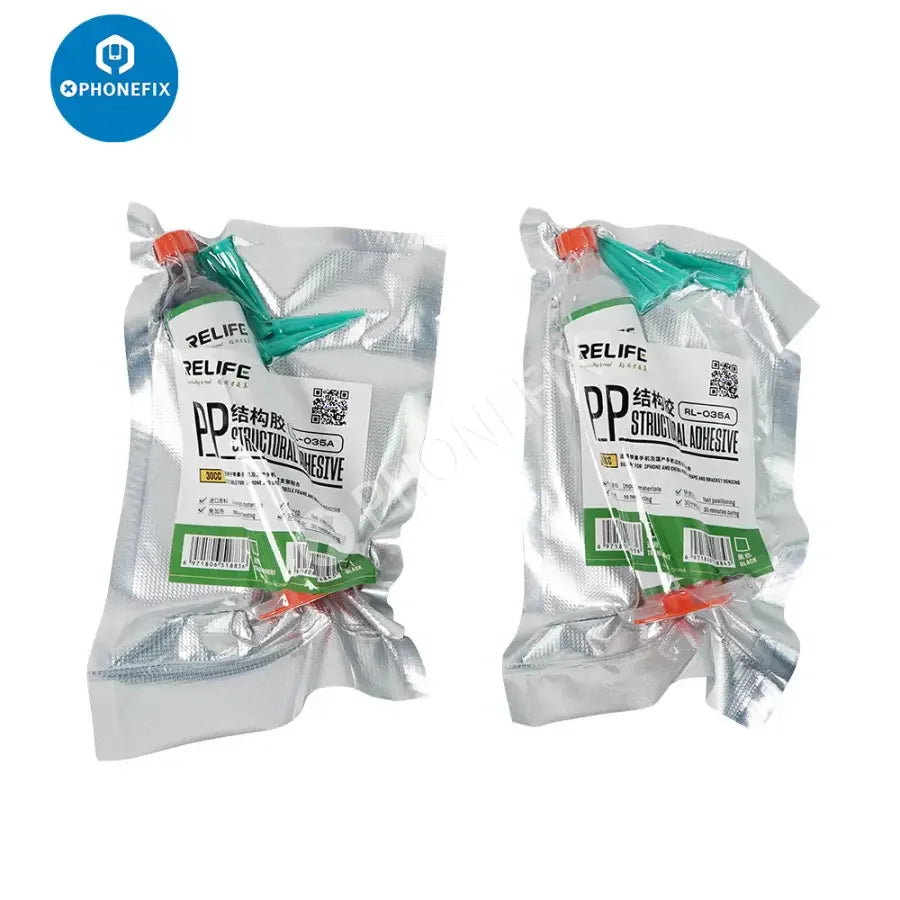 Transparent RELIFE RL-035A PP structural adhesive in 10cc and 30cc bottles, designed for phone repair consumables by PHONEFIX.