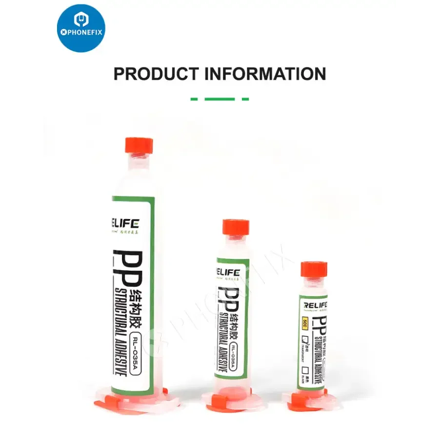 PhoneFix RELIFE RL-035A PP Structural Adhesive in 10cc and 30cc bottles, transparent, used for phone repair and bonding.