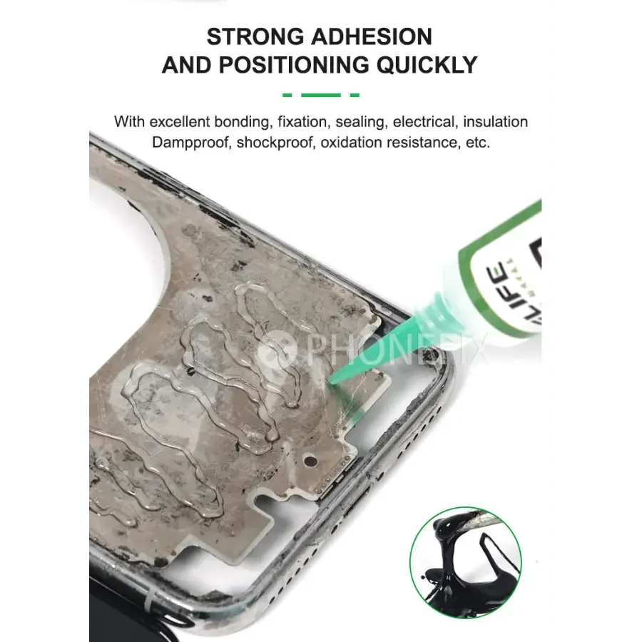 PhoneFix RELIFE RL-035A PP Structural Adhesive in transparent 10cc and 30cc bottles, used for durable phone repair and bonding.
