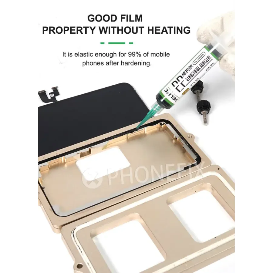 PhoneFix RELIFE RL-035A PP Structural Adhesive in 10cc and 30cc tubes, transparent consumable for phone repairs.