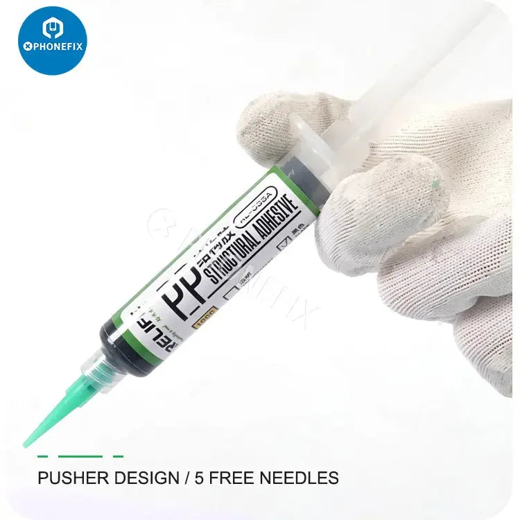 Transparent RELIFE RL-035A PP structural adhesive in 10cc and 30cc containers, used for phone repair and bonding applications.