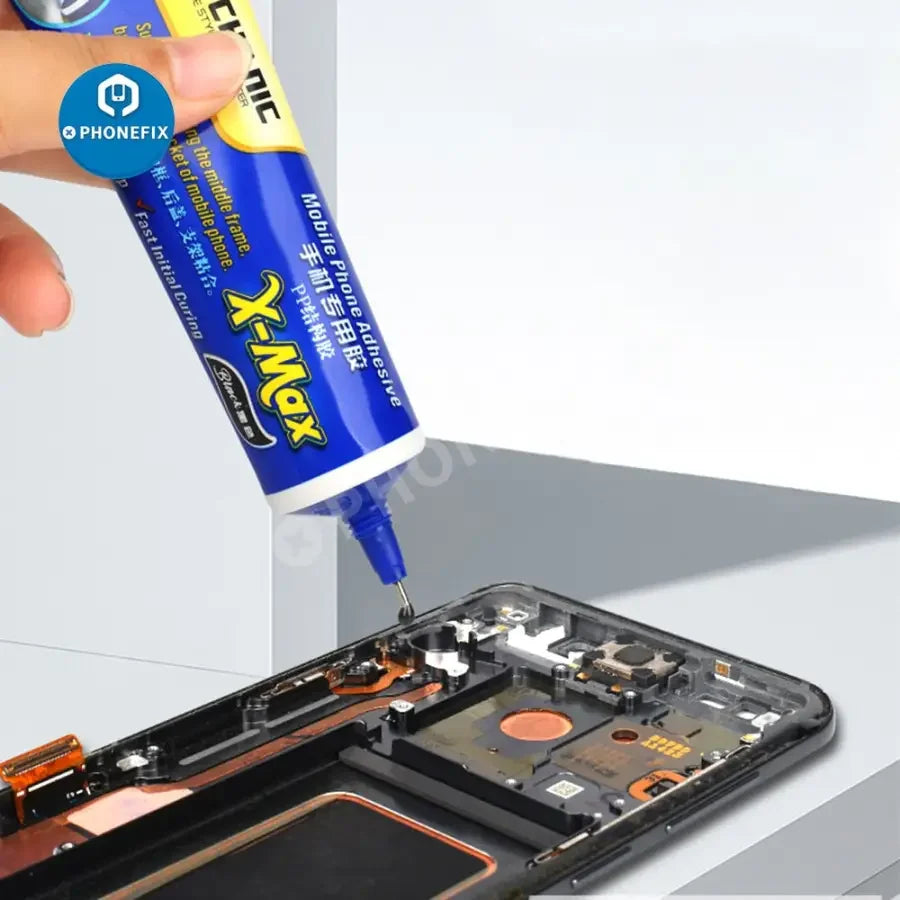 PhoneFix mechanic PP structural adhesive glue for phone screen frame repair, shown in a clear image of the glue tube.