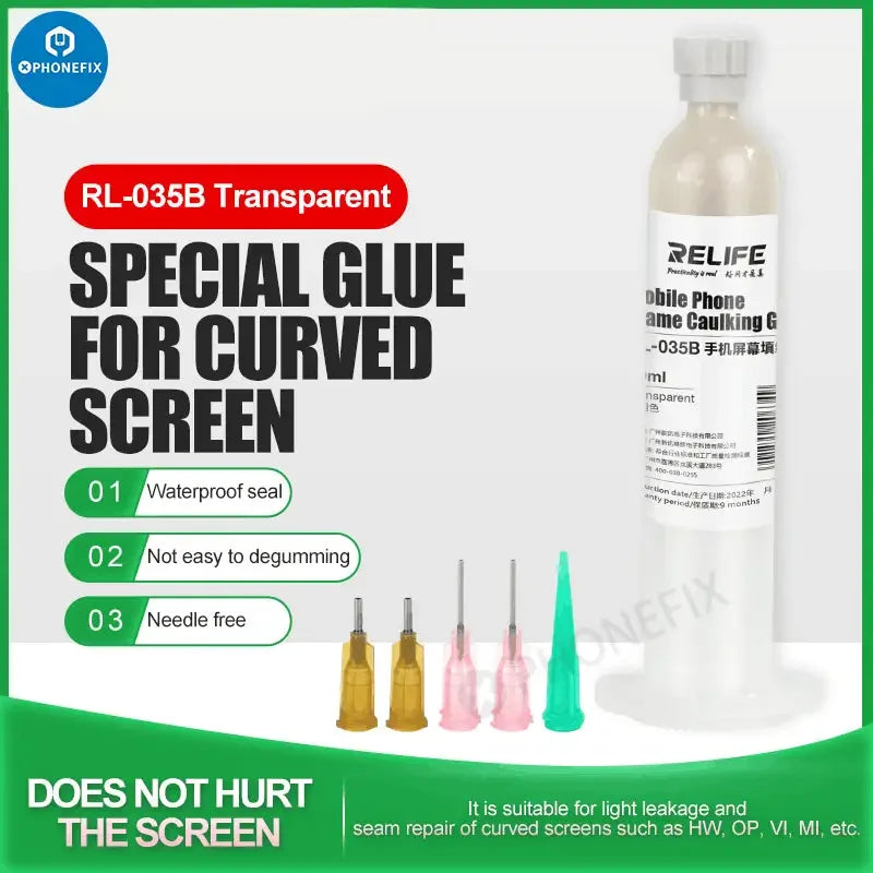 Transparent RL-035B PhoneFix mobile phone screen caulking glue sealant in 30ml tube, used for device sealing and repairs.