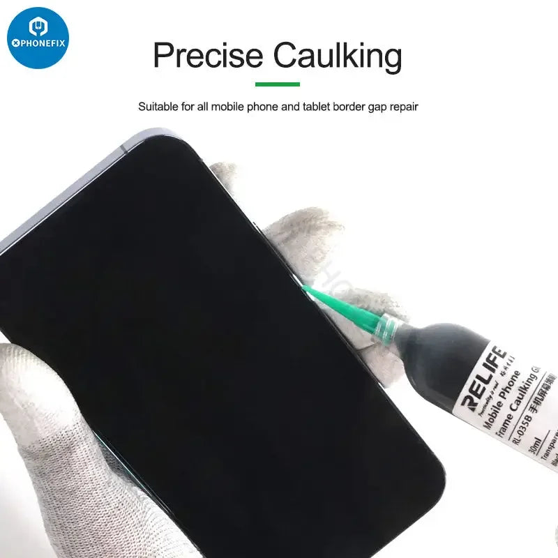 Phonefix RL-035B mobile phone screen caulking glue, transparent universal sealant in 30ml tube, ideal for phone screen repairs.