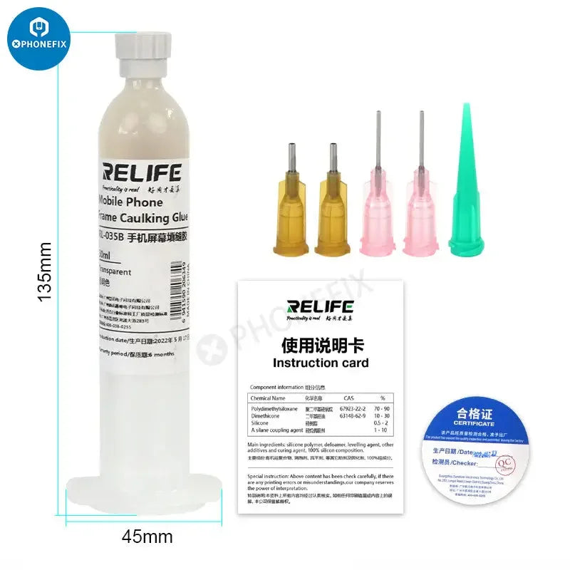 Transparent RL-035B PhoneFix mobile phone screen caulking glue in 30ml tube, universal sealant for device repairs.