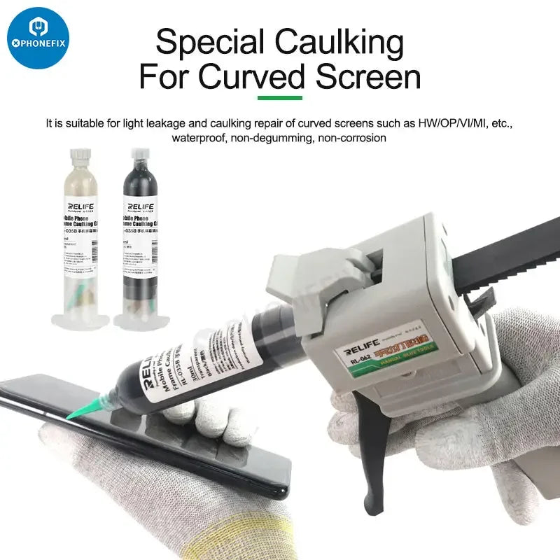 Transparent RL-035B Phonefix mobile phone screen caulking glue, 30ml universal sealant for screen repair, shown in a tube.