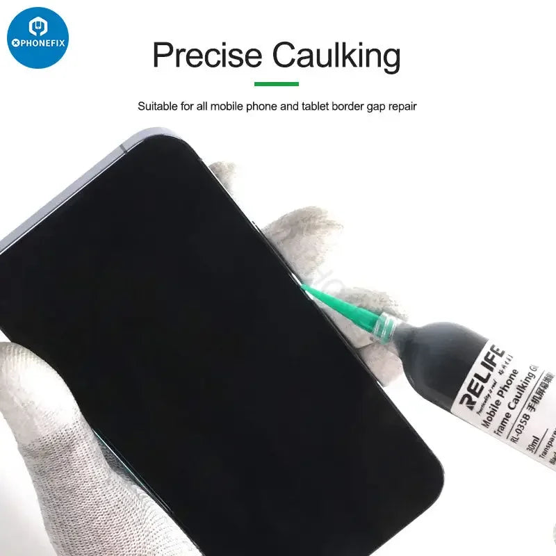 Transparent RL-035B PhoneFix mobile phone screen caulking glue in 30ml tube, universal sealant for screen repair and sealing.