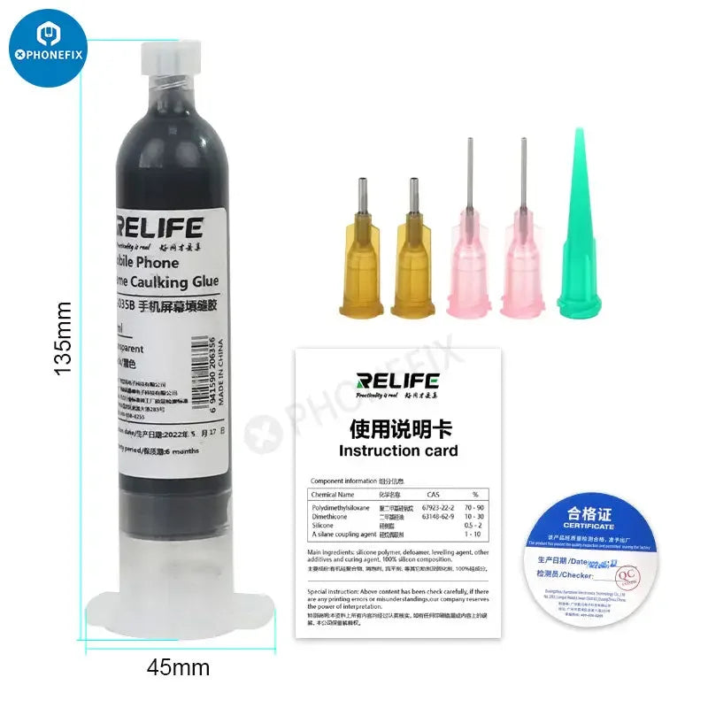 Transparent RL-035B PhoneFix mobile phone screen caulking glue in 30ml tube for sealing and repair.
