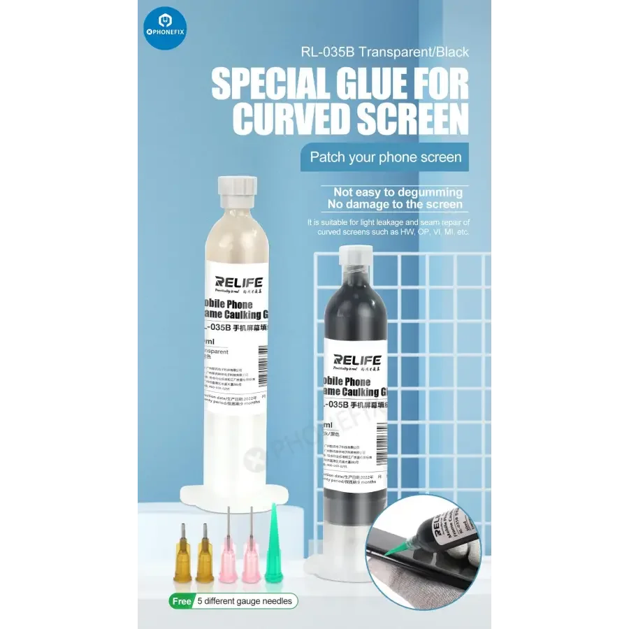 PHONEFIX RL-035B mobile phone screen caulking glue and sealant in 30ml transparent tube, used for screen repairs and sealing.