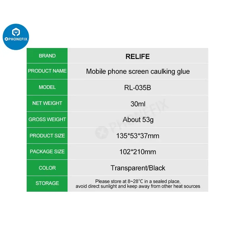 PHONEFIX RL-035B mobile phone screen caulking glue in a 30ml tube, transparent sealant for screen sealing and repair.