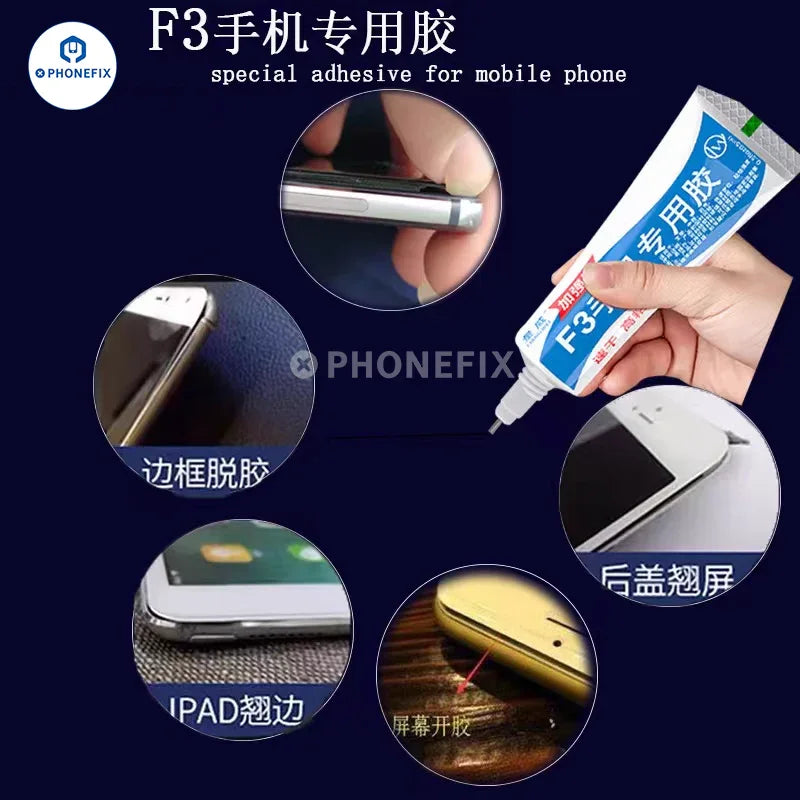 Adhésif structural nano i8 pour la réparation du cadre d'écran de téléphone par PHONEFIX, présenté dans un petit récipient ou emballage.