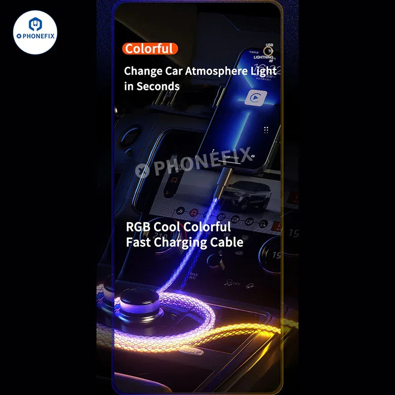 PHONEFIX 6A Super Fast Charging Cable with gradient light design for Phone CarPlay data transfer and charging.