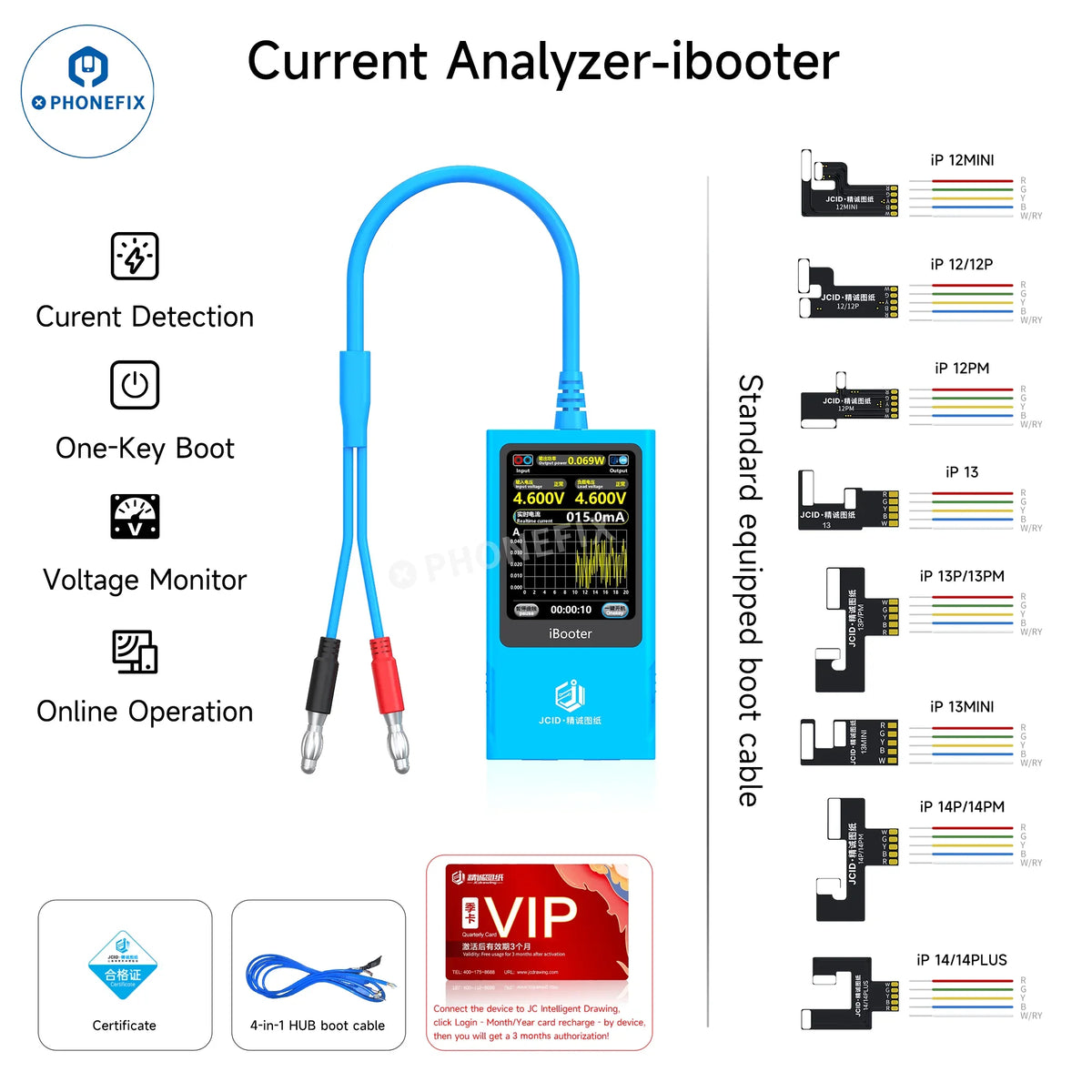 Analizador de corriente PHONEFIX JCID iBooter con arranque mediante un solo botón para las series iPhone 7-16, que incluye cables de alimentación de CC y pantalla.