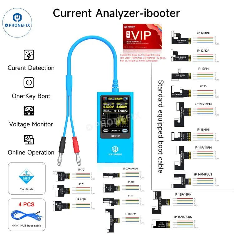 Analizador de corriente PHONEFIX JCID iBooter con cable de alimentación de CC para el arranque con un solo botón de las series iPhone 7-16, que muestra la conexión del dispositivo.
