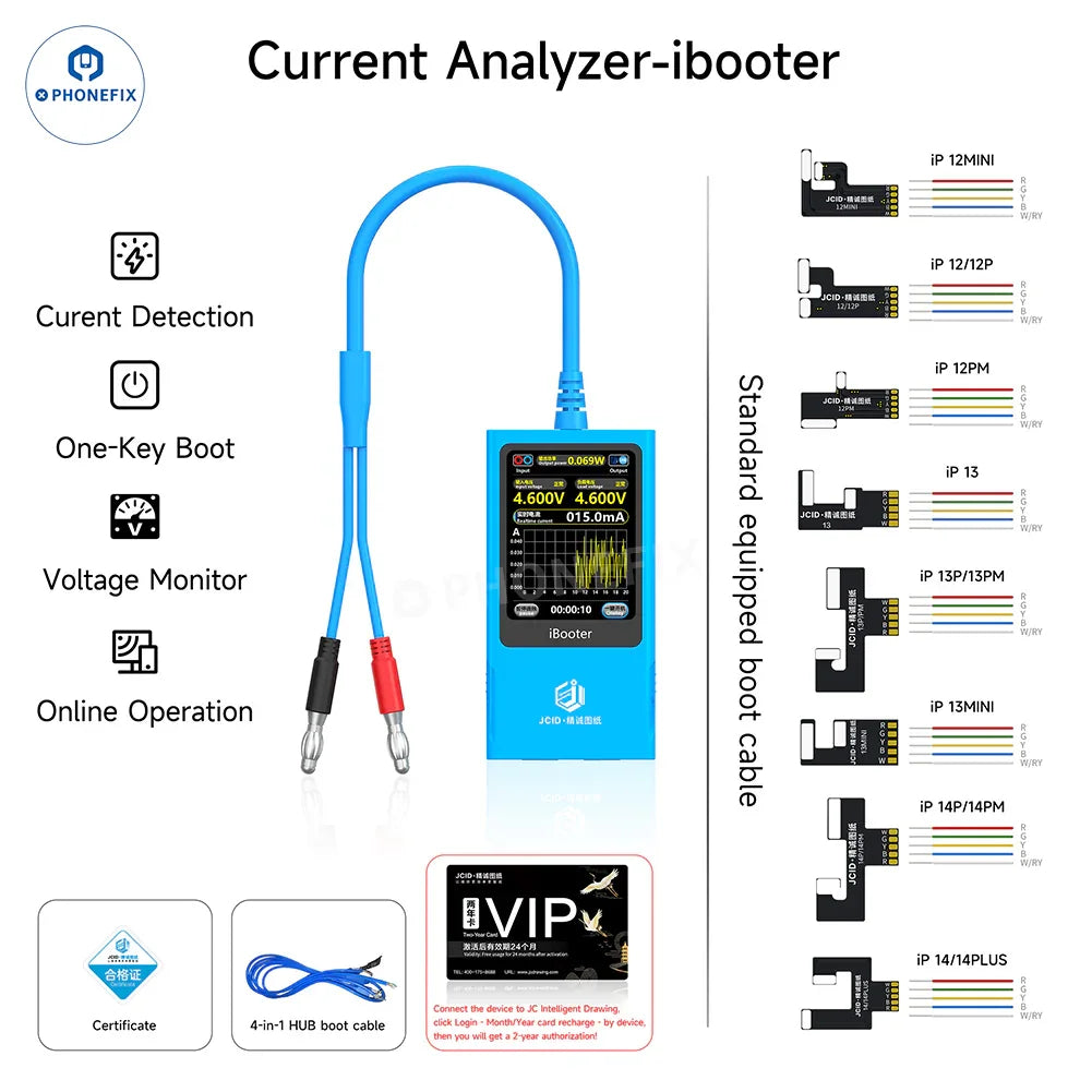 Analizador de corriente PHONEFIX JCID iBooter para iPhone series 7-16, que muestra la conexión del dispositivo y el estado de la alimentación en el cable de alimentación de CC.