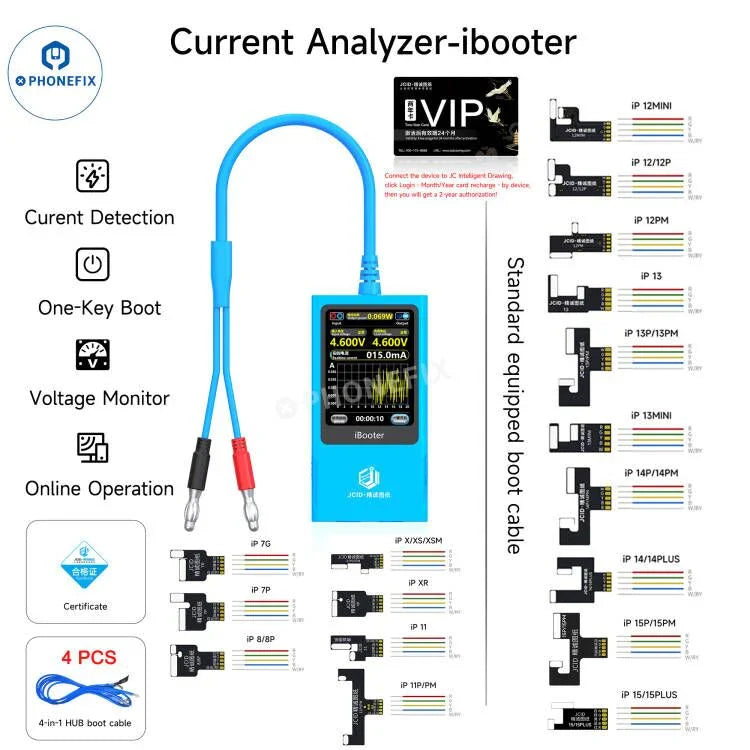 Analizador de corriente PhoneFix JCID iBooter para la serie iPhone 7-16, que muestra el cable de alimentación de CC y la interfaz del dispositivo.