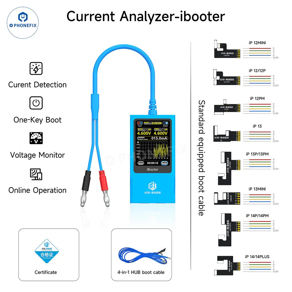 Analizador de corriente PHONEFIX JCID iBooter para iPhone series 7-16 con arranque mediante un solo botón, conectado a un cable de alimentación de CC, vista de cerca.