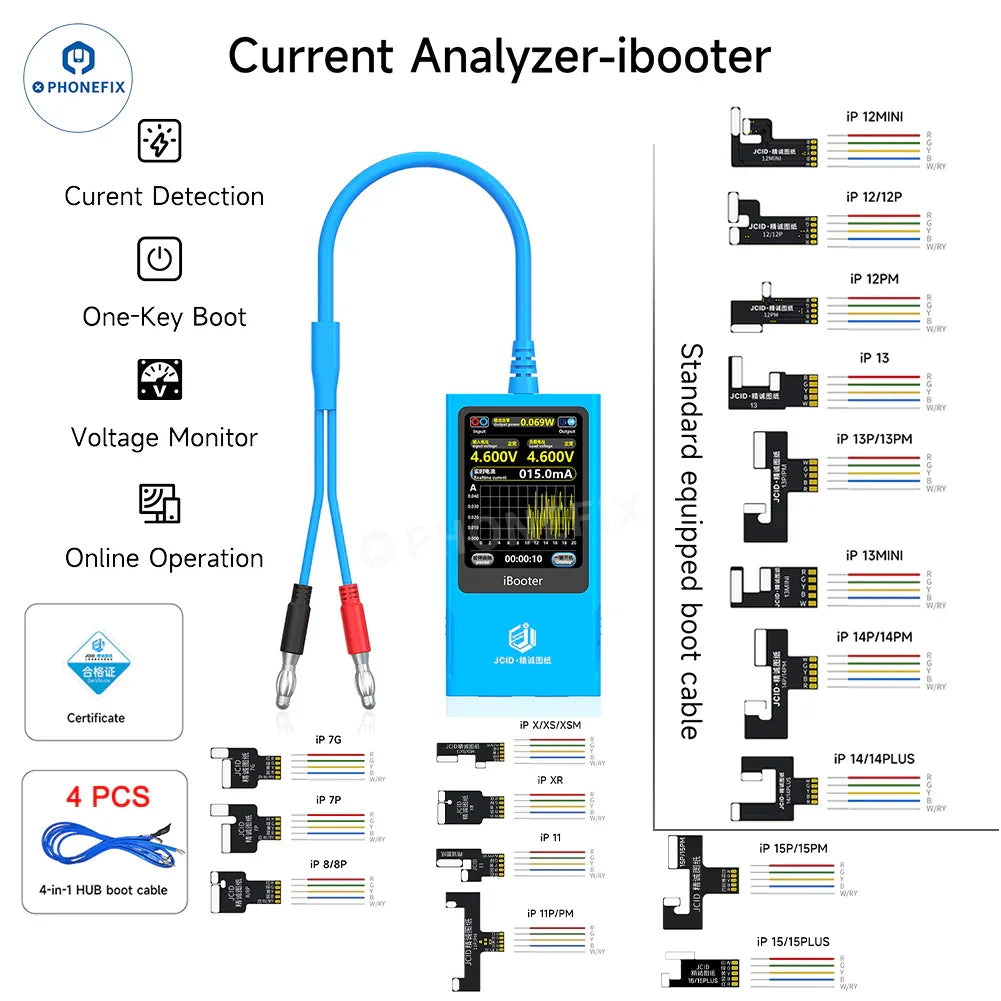 Analizador de corriente PHONEFIX JCID iBooter con cables de alimentación de CC para las series iPhone 7-16, con función de arranque con un solo botón.