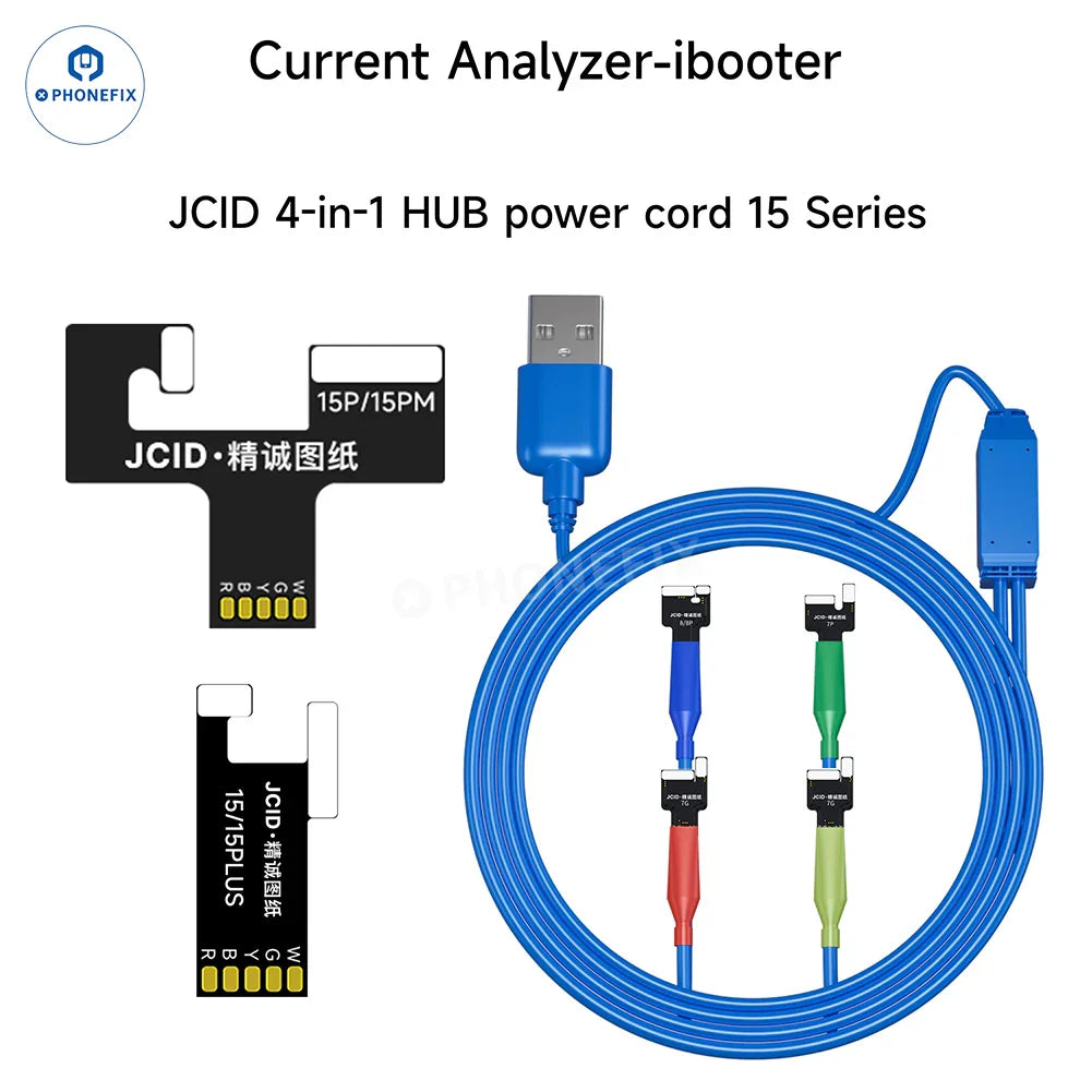 Analizador de corriente PHONEFIX JCID iBooter conectado a un cable de alimentación de CC para la serie iPhone 7-16, mostrando el dispositivo y la pantalla.