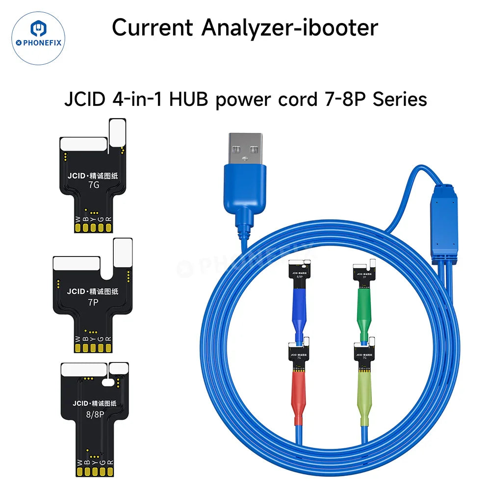 Analizador de corriente PHONEFIX JCID iBooter conectado a la serie iPhone 7-16 con cable de alimentación de CC para pruebas de arranque con un solo botón.