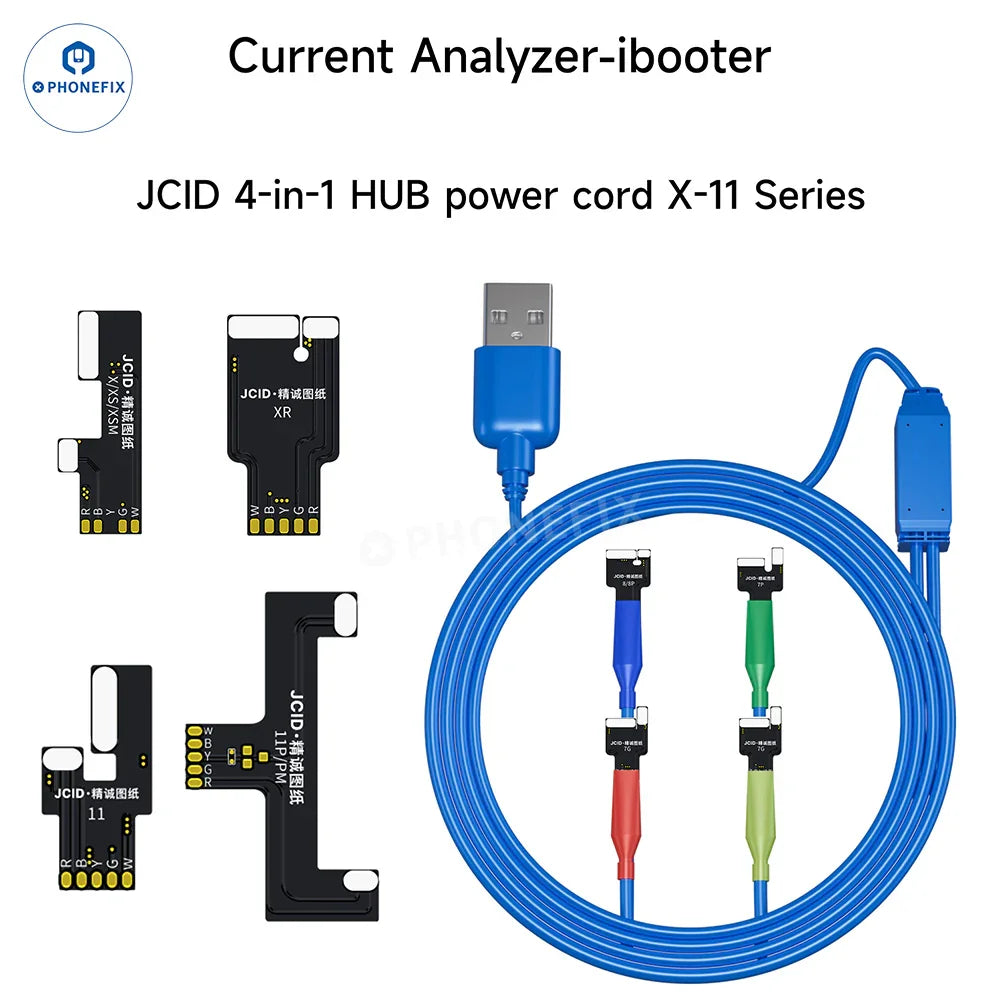 Analizador de corriente PHONEFIX JCID iBooter con cables de alimentación de CC para las series iPhone 7-16, que muestra el dispositivo y los cables de conexión.