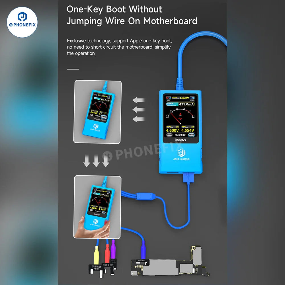 Analizador de corriente PHONEFIX JCID iBooter conectado a un cable de alimentación de CC para la serie iPhone 7-16, mostrando la configuración del dispositivo y del cable.